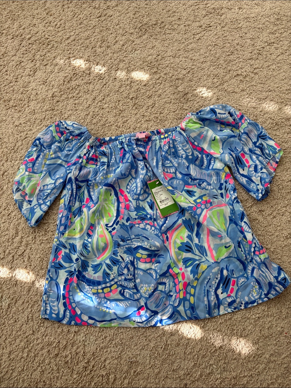 Lilly Pulitzer Blue Off-Shoulder Paisley Print Top with Pink & Green Accents